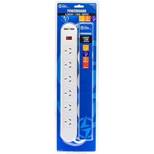 THE BRUTE POWER CO. POWERBOARD 6 Sockets, 2 USB Ports Switch